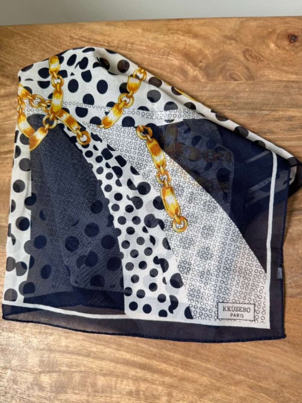 KKUSEBO PARIS Vintage Silk Blend Square Scarf Polka Dot Gold Chain Navy